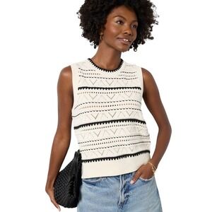 Varley NWT Athena Pointelle Knit Vest Egret White Black Cotton Sweater XL